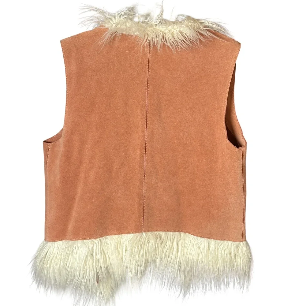 Free People Leather Vest Faux Fur Trimmed Peach Boho Festival‎ L